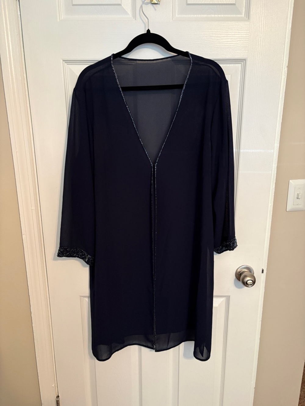 Navy Sheer Beaded Trim Kimono Sleeve Topper